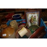 Box of Stoneware jars, tile tray, brass door plates etc