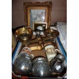 Pair of Carnegie & Layton brass scales, 2 silver plated pots with embossed decoration,