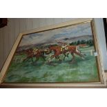 Oil on board depicting horse racing