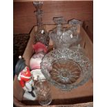 Pair of glass decanters, glass vase, Staffordshire jug, military figurine etc