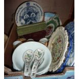 Selection of decorative plates, oriental tea set, coronation plate, chopsticks, 2 Carnival ware