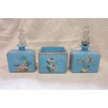 Early 20thC continental blue glass dressing table set with painted floral and gilt detail