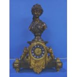 Fine 19th C bronze mantel clock the blue and white enamel and gilt metal dial in bronze and gilt