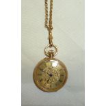 Ladies 18ct gold fob watch with engraved case on 9ct gold muff chain