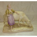 Large Royal Dux figural group of a milk maid with cow height 32cm (No15480)