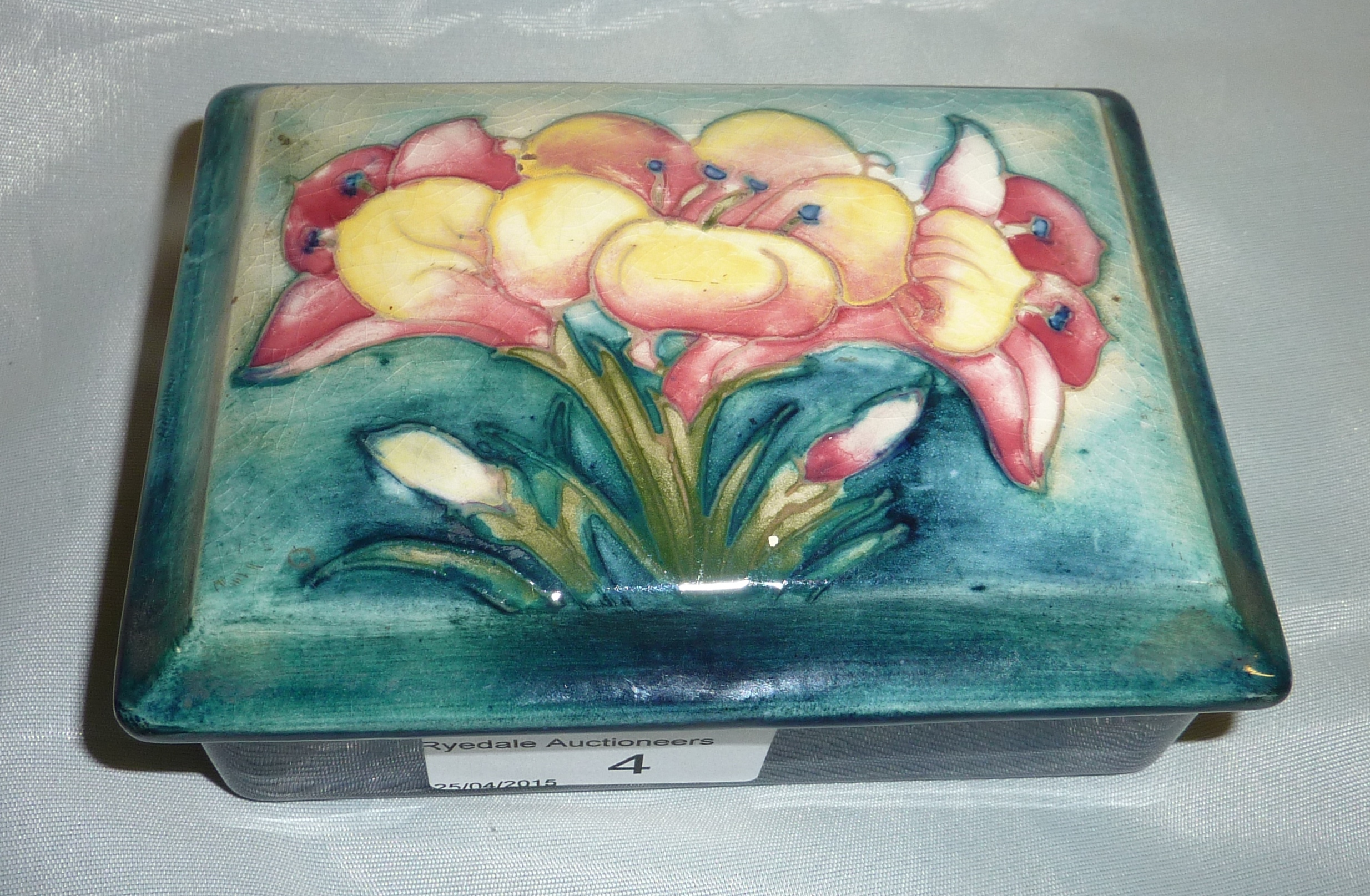 Signed Moorcroft rectangular dish with lift off cover with floral detail