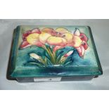 Signed Moorcroft rectangular dish with lift off cover with floral detail