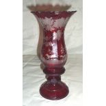 Bohemian ruby red vase with etched detail of stag being chased by hunting dogs in wooded scene