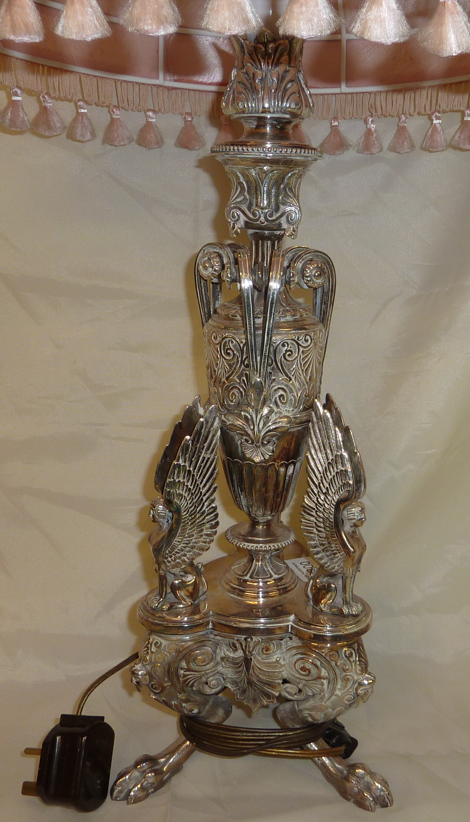 Impressive 19th C Empire style silver plated candlestick (converted to electric) the central column - Image 2 of 2
