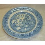 Ainsworth Pottery blue and white Willow pattern plate with impressd castle and anchor mark to the