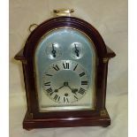 Mahogany cased bracket clock with steel face with secondary dial with brass topped carry handle