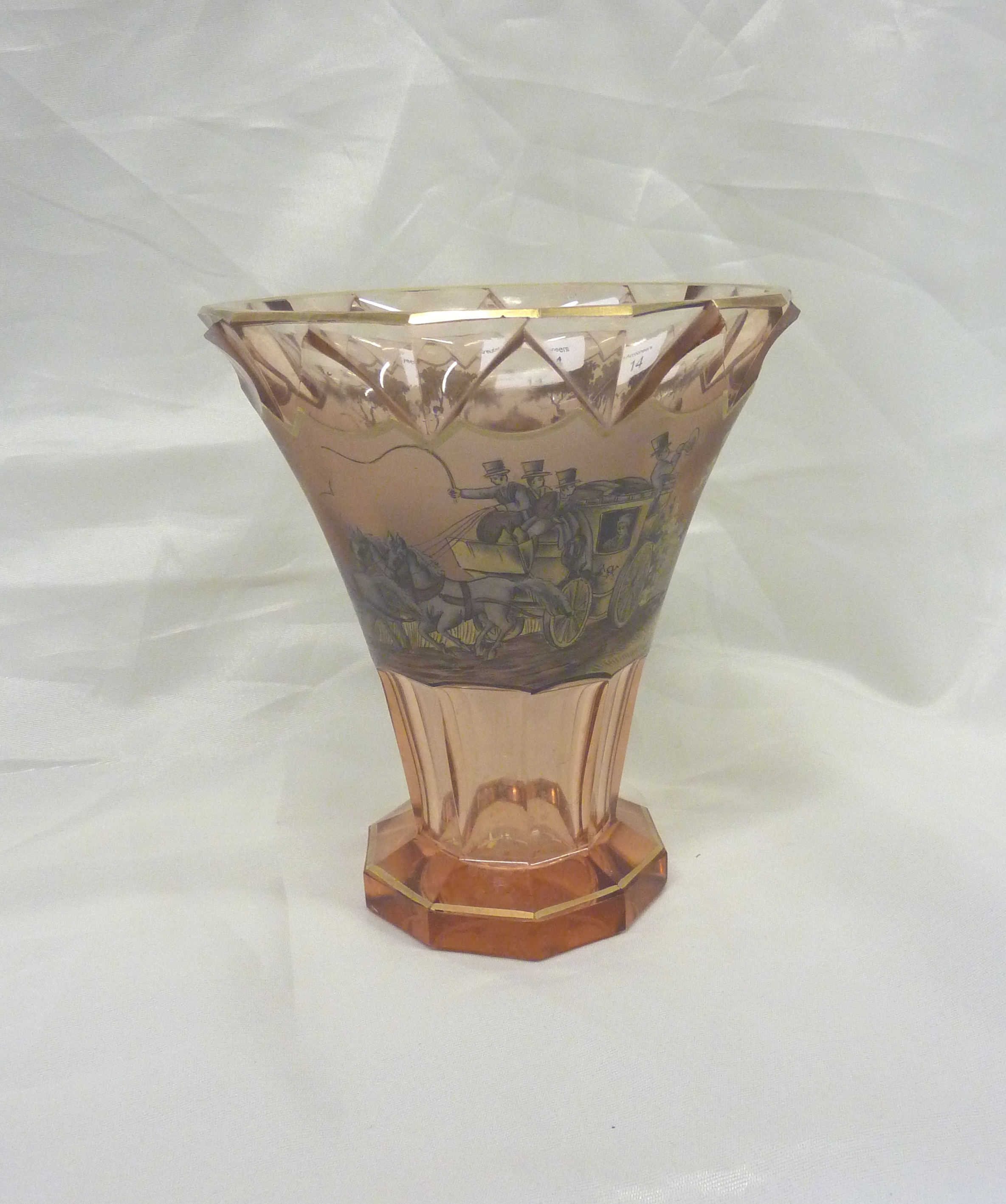 Bohemian ruby glass vase with etched detail of coaching scenes