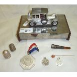 Case with mounted car inc Charles Horner Dorcas thimble & 1 other, commemorative medal, chain, gold