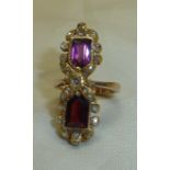 Boxed unusual double head amethyst & ruby ring with central diamond flower head and further