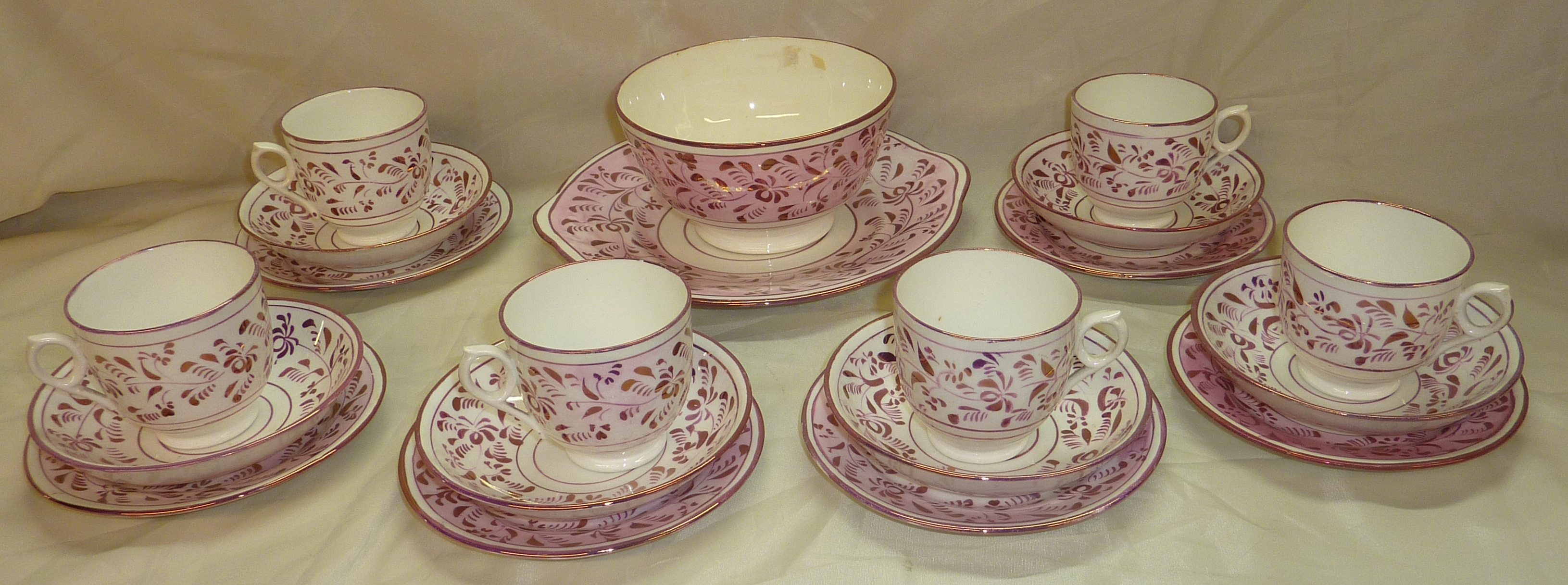 19th C lustre ware tea service comprising 6 cups, saucers & side plates with matching cake plate &