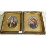 Pair 19th C gilt framed oval porcelain plaques depicting scenes of Madonna with child and Saint
