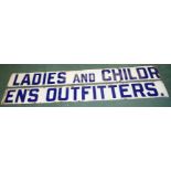 Two sectional white & blue enamel Ladies And Children's Outfitters sign by Chromo Wolverhampton
