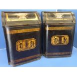 Pair of large tole ware tea bins for Vandykt with hinged tops and gilt and painted detail with