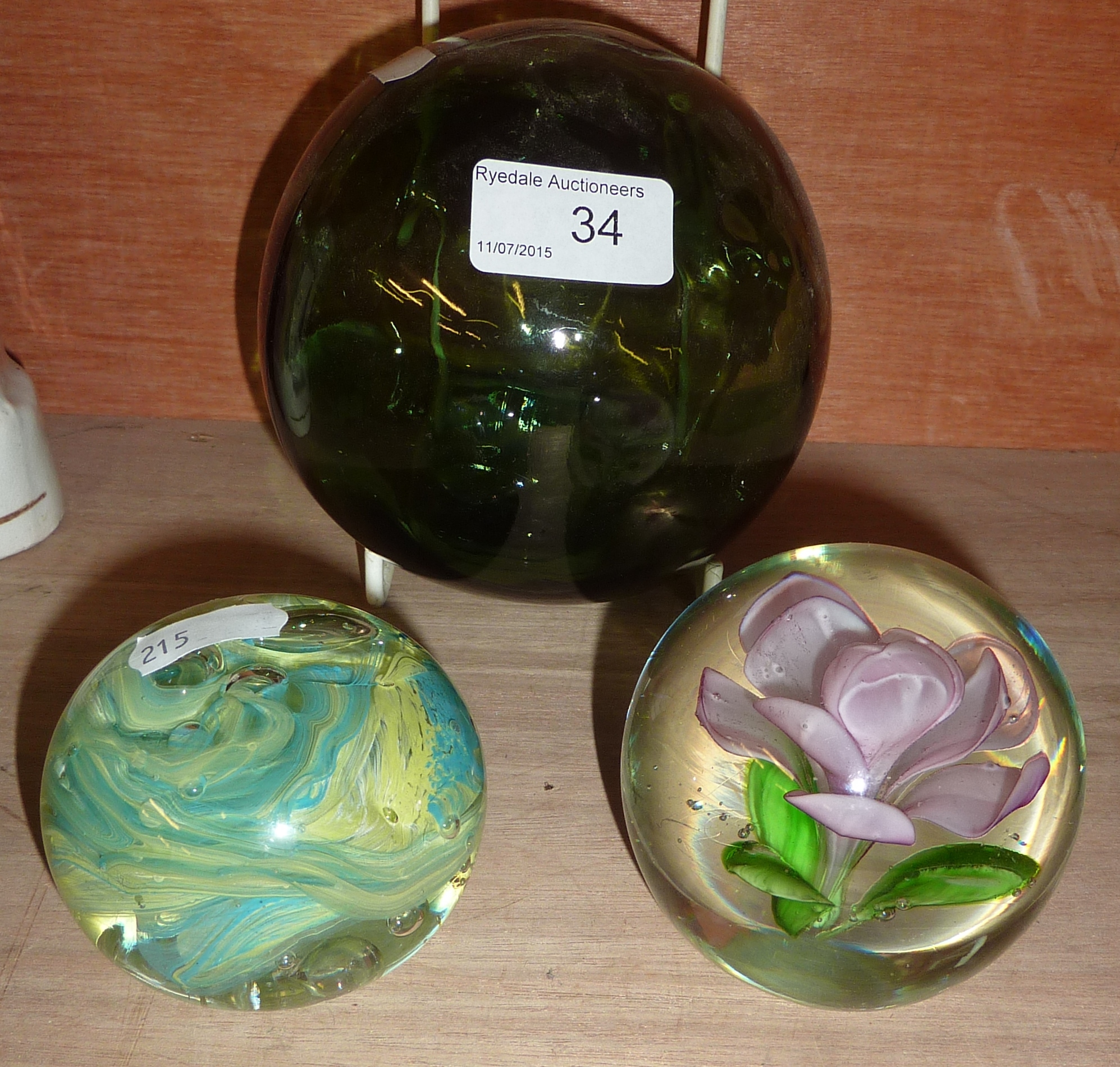 Mdina paperweight and 1 other and a glass witches ball