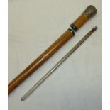 19th C malacca walking cane with white m