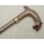 Indian silver inlaid walking cane in screw down sections with point to the base and a tiger head