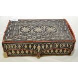 19thC leather crossbow quarrel box with elaborately stitched detail with hinged top