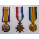 WWI trio comprising of 1914-15 star war medal and victory medal awarded to '180338 J.MONTAGUE PTR.1.