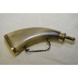 19thC flattened cow horn powder flask with brass mounts by Dixon & Sons