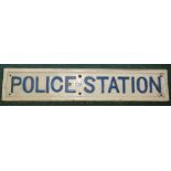 Cast metal police station sign with blue and white painted detail (minor repair)