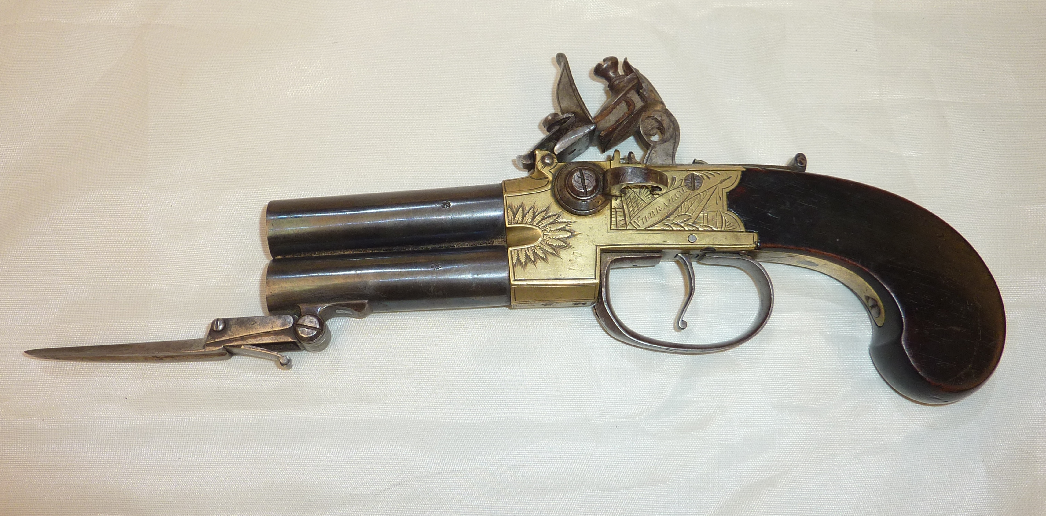 Over and under tap-action flintlock pistol by WH.BRAHAM London, 2.