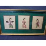 Framed trio of Chinese watercolours on r