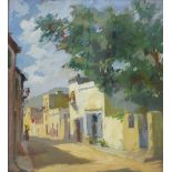 NURIA LLIMONA I RAYMAT (Barcelona, 1917-2011). "Vista de pueblo", óleo sobre tabla, 47x40 cm.