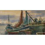 MARIANO BRUNET (Vic, 1918-Barcelona, 1999). "Visión portuaria", óleo sobre lienzo, 25x46 cm.