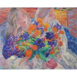 JORDI ROLLÁN (Barcelona, 1940). "Muchachas con flores", óleo sobre lienzo, 65x81 cm. Starting Price: