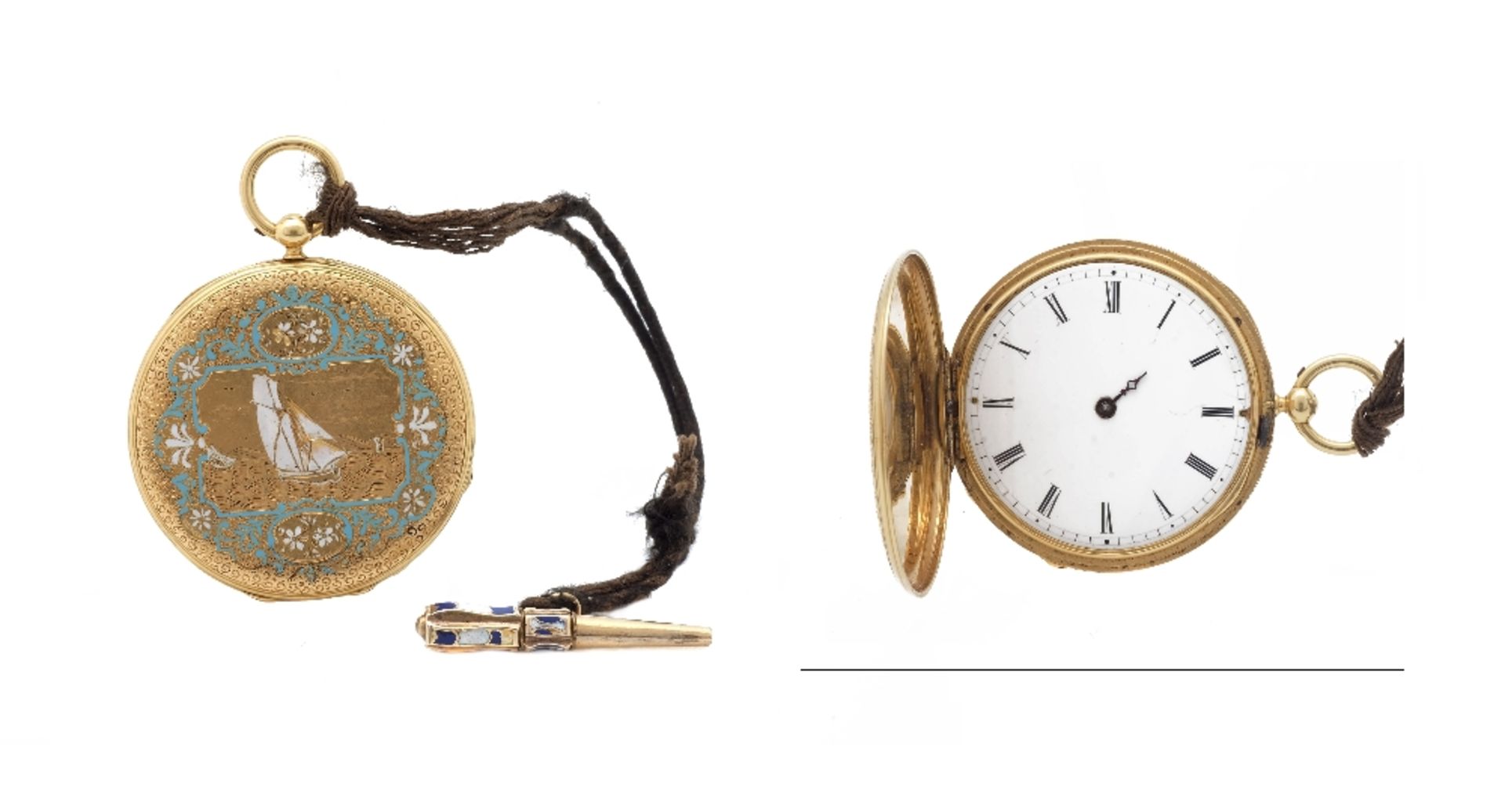 SWISS POCKET WATCH, 19TH CENTURY Caja en oro cincelado decorado con grabado guilloxé y esmaltes,