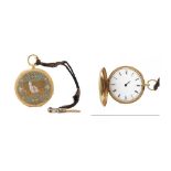 SWISS POCKET WATCH, 19TH CENTURY Caja en oro cincelado decorado con grabado guilloxé y esmaltes,