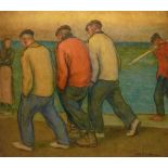ALBERTO ARRUE (Bilbao, 1878-1944). "Pescadores", dibujo a lápiz de colores, carbón y acuarela