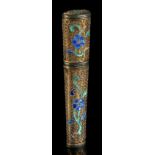 A Chinese filigree & enamel decorated needle case, C19th, of tapering oval form, 3.6ins. (9.2cms.)