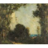 C19th - COASTAL LANDSCAPE WITH A FIGURE ON PATH - oil on canvas, 22 by 26ins. (56 by 66cms.), in