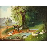 Property of a lady - Johan Peter Allroggen (b.1941) - DUCKS BY A STREAM - oil on mahogany panel, 7.1