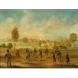 C19th Primitive School - A GOLFING SCENE - oil on canvas, 19 by 25ins. (48.3 by 63.5cms.),