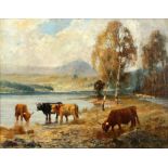 Property of a gentleman - Leslie .... (late C19th / early C20th British) - HIGHLAND CATTLE BY LOCH