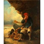 Property of a gentleman - C19th Continental school - A MAN AND HIS BOY SHELTERING UNDER CLIFFS - oil