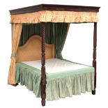 Property of a lady - a C19th & later mahogany four-poster bed, 5' wide, with apricot & green
