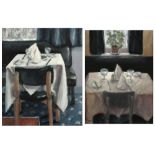Property of a lady - Stuart (modern British) - INTERIOR SCENES WITH TABLES SET FOR TWO - two oils on