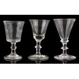 Property of a lady - a small wine glass, circa 1750, with funnel bowl & multi knopped stem, on