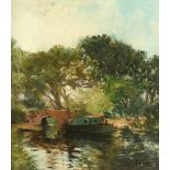 ARR - Property of a gentleman - John Ambrose (1931-2010) - RIVER SCENE WITH NARROW BOAT - oil on