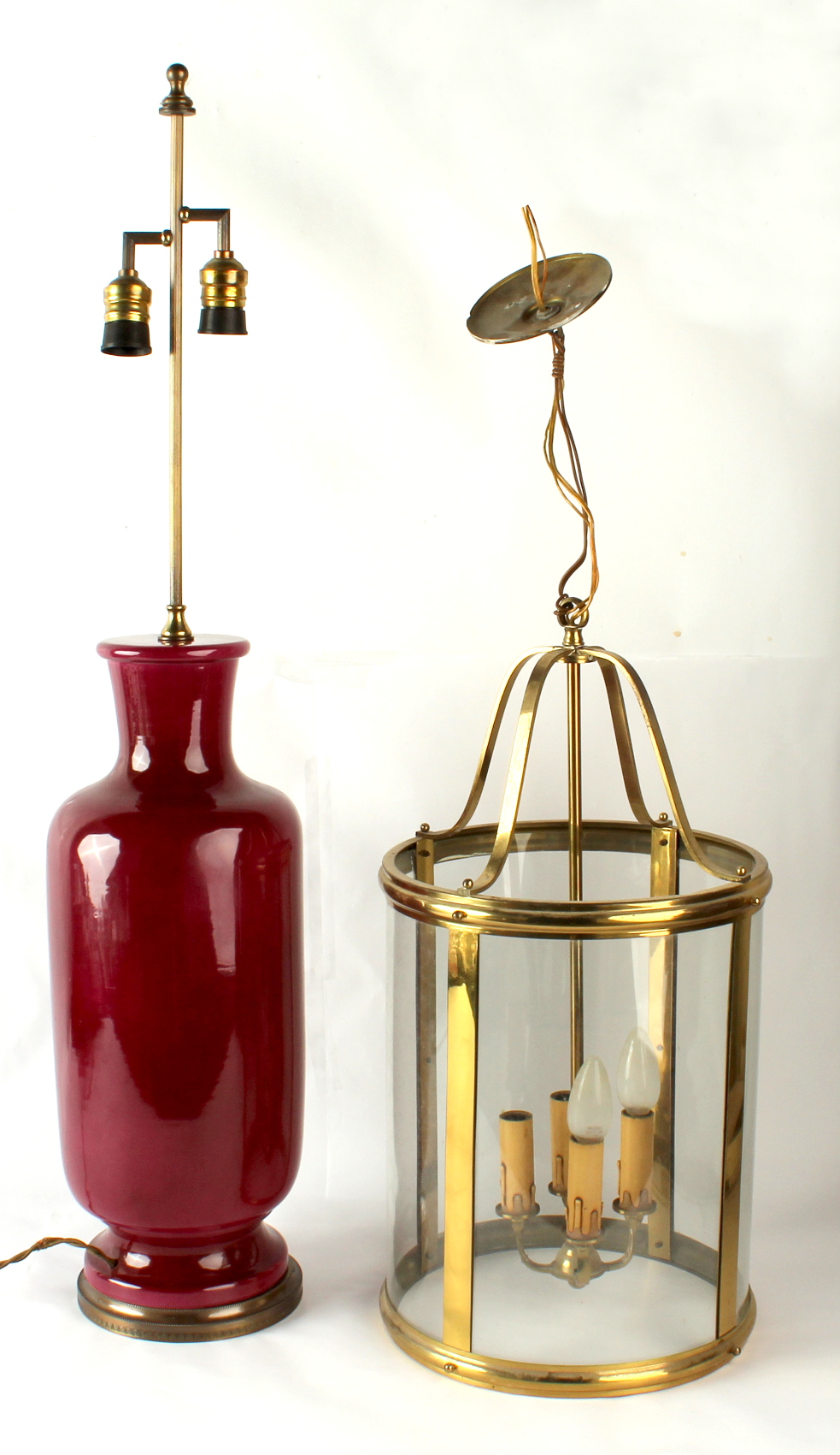Property of a gentleman - a brass & glazed four panel hall lantern, 23ins. (58.5cms.) high; together