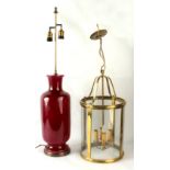 Property of a gentleman - a brass & glazed four panel hall lantern, 23ins. (58.5cms.) high; together