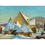 ARR - Property of a lady - Gerald Gardiner (1902-1959) - WINTER, A BARN AND HAYSTACKS IN THE